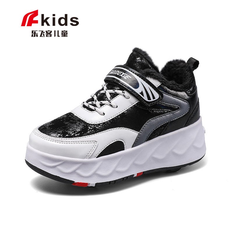 Generic Four-wheel walking shoes childrens roller skating shoes Boys student skating shoes invisible shrinkage deformation walking shoes with wheels 852 black (winter plus velvet)