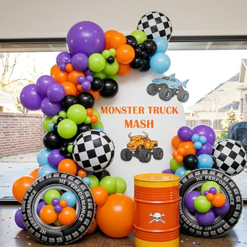 froufing Monster Truck Theme Balloon Garland Arch Kit vibrant Orange Green Purple with Big Wheels checkered star mylar foil balloons For Kids fast one Boy Birthday Race Car construction theme Party Decorations - Image 1