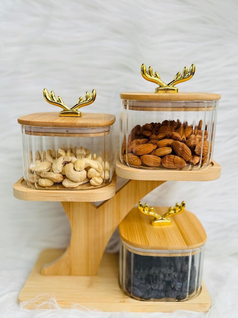 ConvertKitchen Royal Serveware Glass Bowl Set with Airtight Lid & Wooden Holder Stand Tray | Set of 3 Bowls | Snack Serving Bowls for Home, Kitchen, Dining Table(500 ML) - Image 1