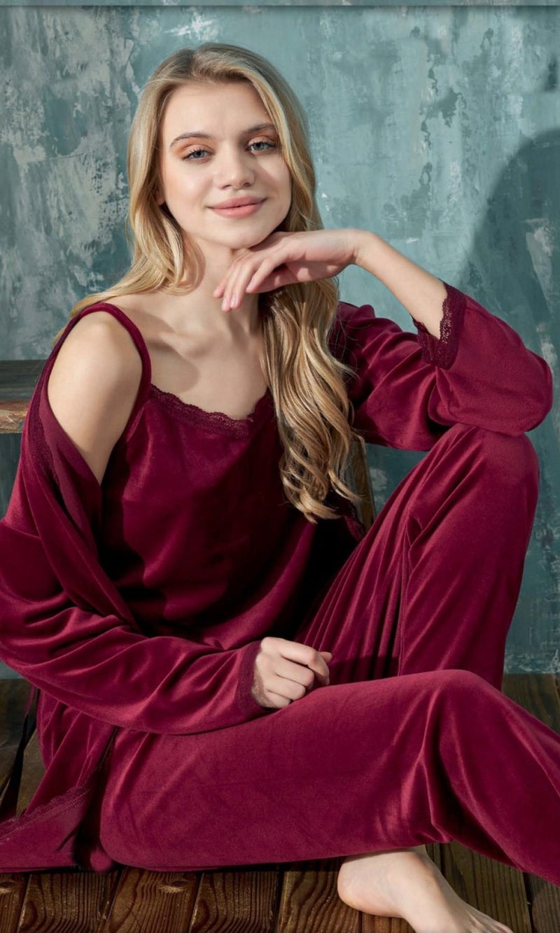 Cotonhause Women's 3 Piece Velvet Burgundy Pajama Set C1T3N402-1 