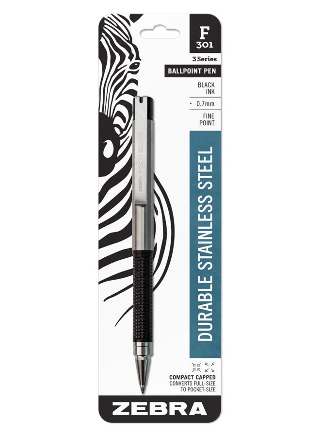 Zebra Pen F-301 Compact Ballpoint Stainless Steel Fine Point 0.7mm Ballpoint 1-Pack – Easy-Glide Ink, Non-Slip Grip, Metal Clip, Refillable with F-Refill, Professional Design (27114) - Image 1