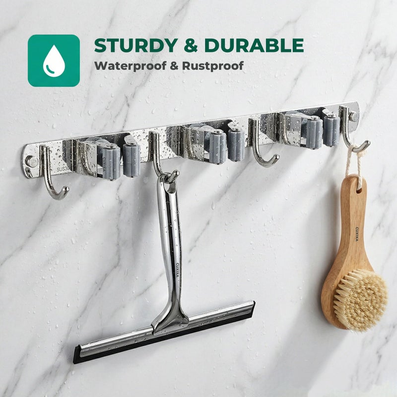CUXIXA Mop and Broom Holder Wall Mount, Upgraded Broom Organizer Wall Mount, Stainless Steel Broom Hanger Wall Mount for Home Kitchen Garden Laundry Garage (3 Racks with 4 Hooks) - Image 5