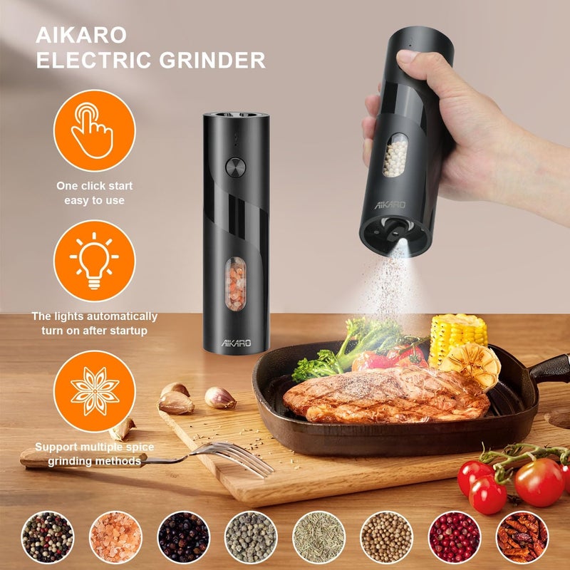 AIKARO - Electric Salt and Pepper Mill Automatic Spice Grinder, Rechargeable (Set) - Image 2