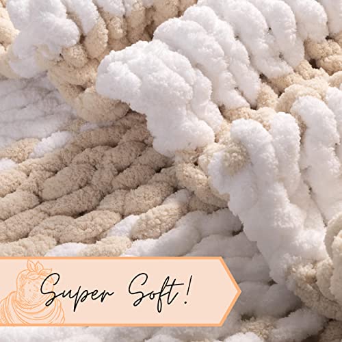 Adyrescia Chunky Knit Blanket Throw | 100% Hand Knit with Jumbo Chenille Yarn (50"x60", Oatmeal and White Stripes) - Image 4
