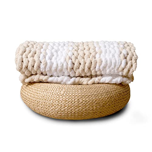 Adyrescia Chunky Knit Blanket Throw | 100% Hand Knit with Jumbo Chenille Yarn (50"x60", Oatmeal and White Stripes) - Image 1
