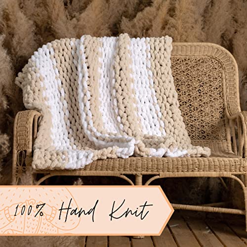Adyrescia Chunky Knit Blanket Throw | 100% Hand Knit with Jumbo Chenille Yarn (50"x60", Oatmeal and White Stripes) - Image 3