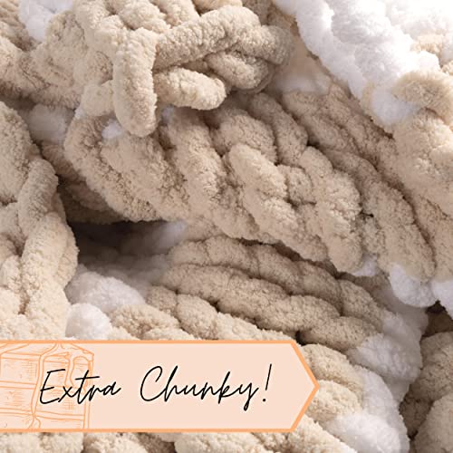 Adyrescia Chunky Knit Blanket Throw | 100% Hand Knit with Jumbo Chenille Yarn (50"x60", Oatmeal and White Stripes) - Image 5