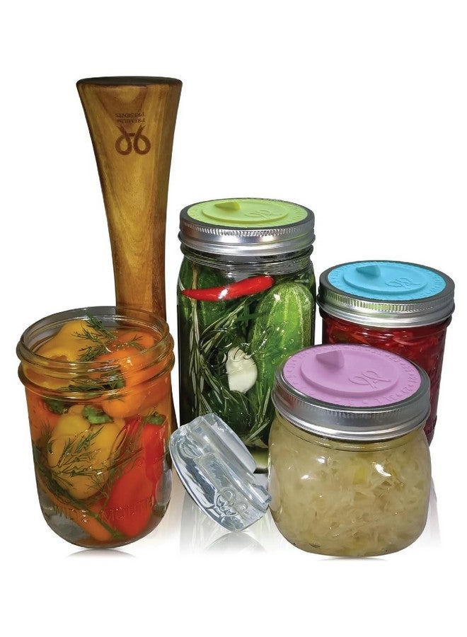 PremiumPresents Canning kit. Complete DIY fermentation kit for wide mouth mason jars or pickling jars for 7 sets. Glass weights, tamper, airlock lids, and recipe included. - Image 1