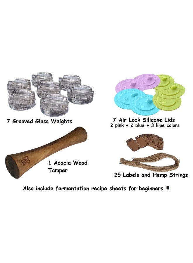 PremiumPresents Canning kit. Complete DIY fermentation kit for wide mouth mason jars or pickling jars for 7 sets. Glass weights, tamper, airlock lids, and recipe included. - Image 2