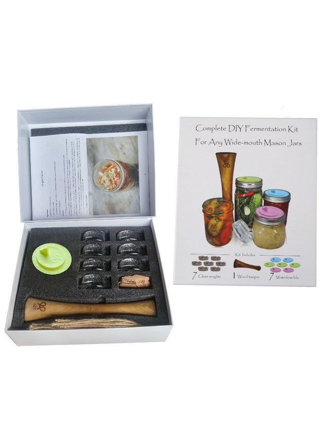 PremiumPresents Canning kit. Complete DIY fermentation kit for wide mouth mason jars or pickling jars for 7 sets. Glass weights, tamper, airlock lids, and recipe included. - Image 4
