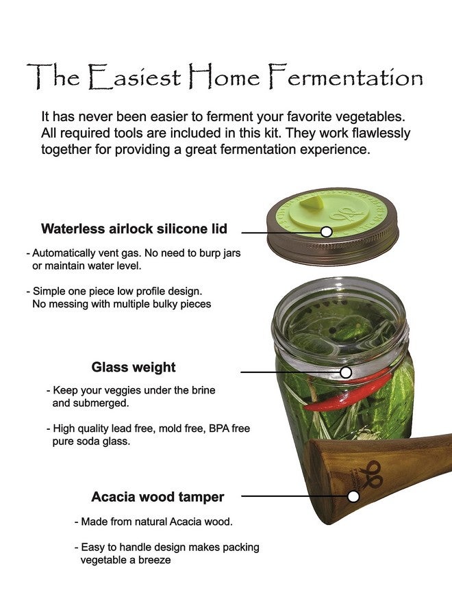 PremiumPresents Canning kit. Complete DIY fermentation kit for wide mouth mason jars or pickling jars for 7 sets. Glass weights, tamper, airlock lids, and recipe included. - Image 5