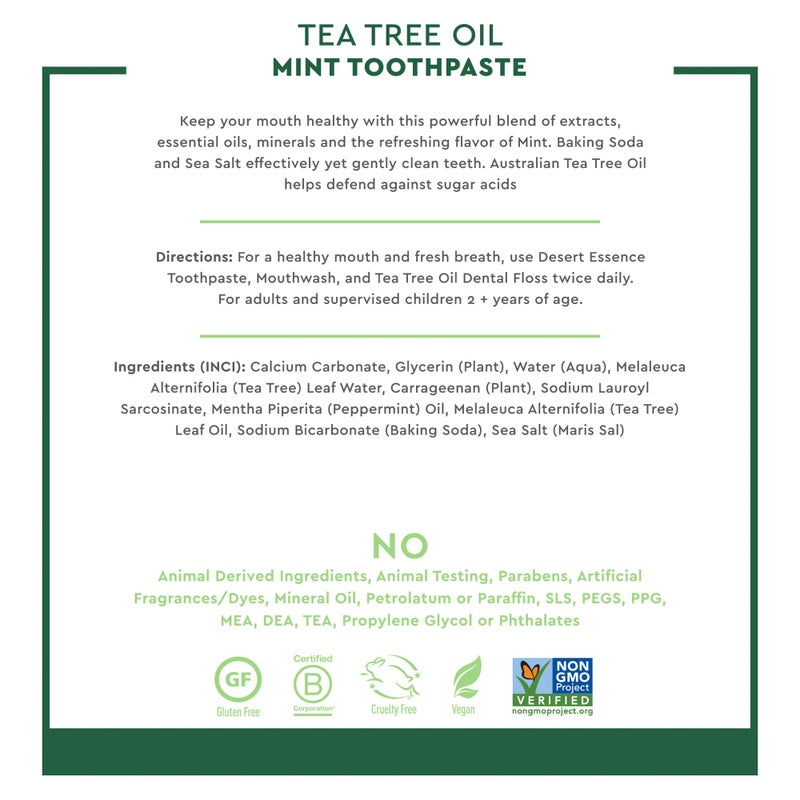 Desert Essence Tea Tree Oil Toothpaste - Mint - 6.25 Oz - Pack of 2 - Refreshing Taste - Deep Cleans Teeth & Gums - Helps Fight Plaque - Sea Salt - Pure Essential Oil - Baking Soda - Image 4