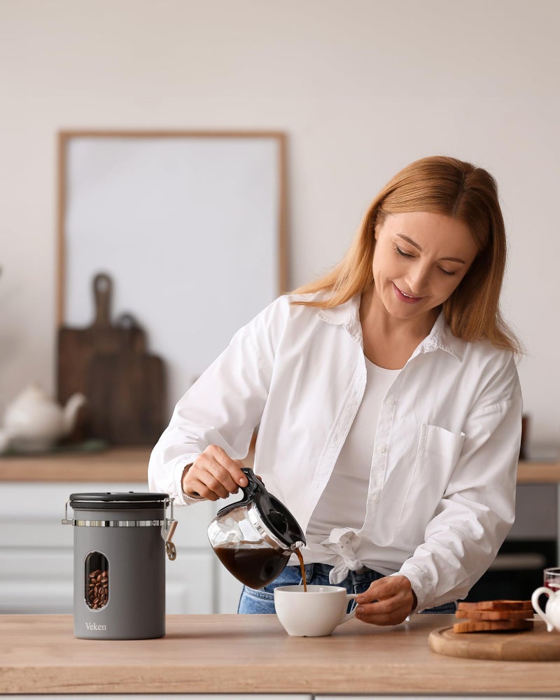 Veken Coffee Canister with Window,Airtight Stainless Steel Kitchen Food Storage Container, Date Tracker & Scoop for Grounds Coffee, Beans, Tea, Flour, Cereal,Sugar,22OZ,Grey - Image 5
