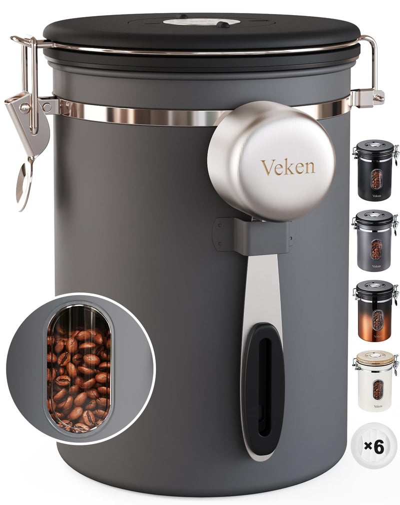 Veken Coffee Canister with Window,Airtight Stainless Steel Kitchen Food Storage Container, Date Tracker & Scoop for Grounds Coffee, Beans, Tea, Flour, Cereal,Sugar,22OZ,Grey - Image 1