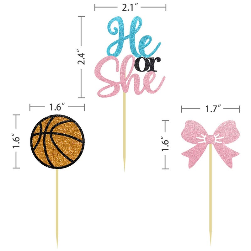 Moitkptt 24PCS Basketball He or She Cupcake Toppers for Basketball Gender Reveal Decorations  Boy or Girl Gender Reveal Cupcake Toppers for Basketball Baby Shower Decorations (S/H)  BAK001 - Image 2