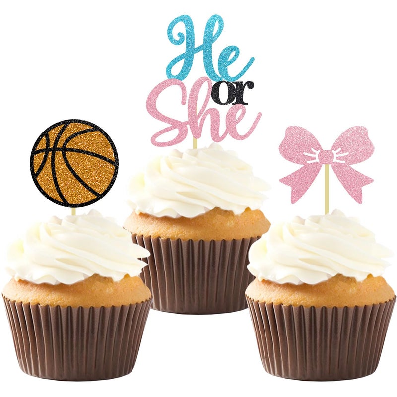 Moitkptt 24PCS Basketball He or She Cupcake Toppers for Basketball Gender Reveal Decorations  Boy or Girl Gender Reveal Cupcake Toppers for Basketball Baby Shower Decorations (S/H)  BAK001 - Image 1