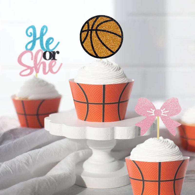 Moitkptt 24PCS Basketball He or She Cupcake Toppers for Basketball Gender Reveal Decorations  Boy or Girl Gender Reveal Cupcake Toppers for Basketball Baby Shower Decorations (S/H)  BAK001 - Image 4