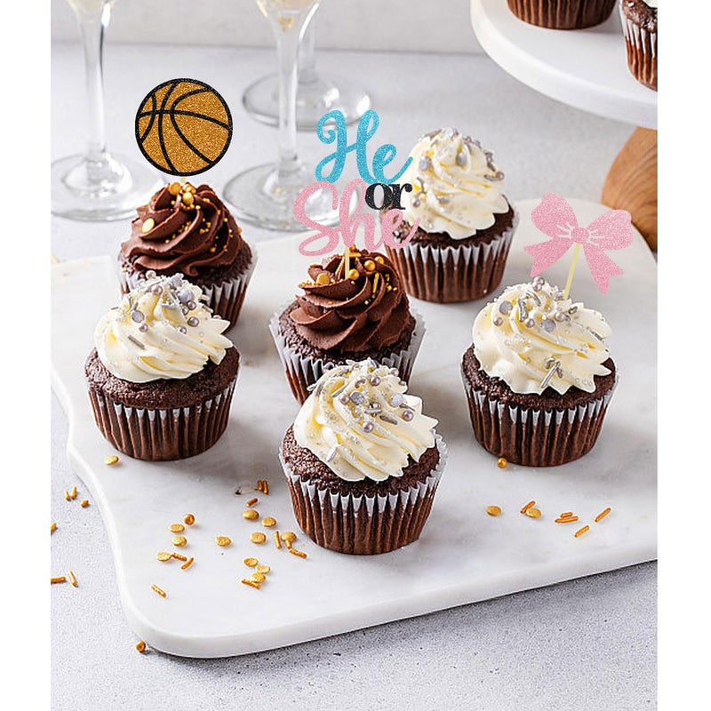 Moitkptt 24PCS Basketball He or She Cupcake Toppers for Basketball Gender Reveal Decorations  Boy or Girl Gender Reveal Cupcake Toppers for Basketball Baby Shower Decorations (S/H)  BAK001 - Image 5