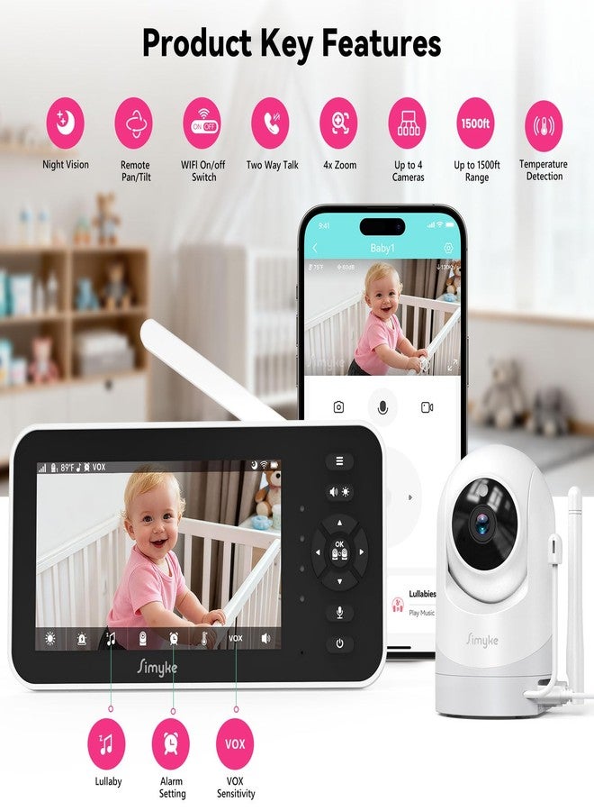 Simyke Baby Monitor,5" Video Baby Monitor with 720P Camera,WiFi Audio Monitor with Remote PTZ,Night Vision, 2-Way Talk,Sleep Mode,Lullabies & 1500ft Range,APP Control - Image 4