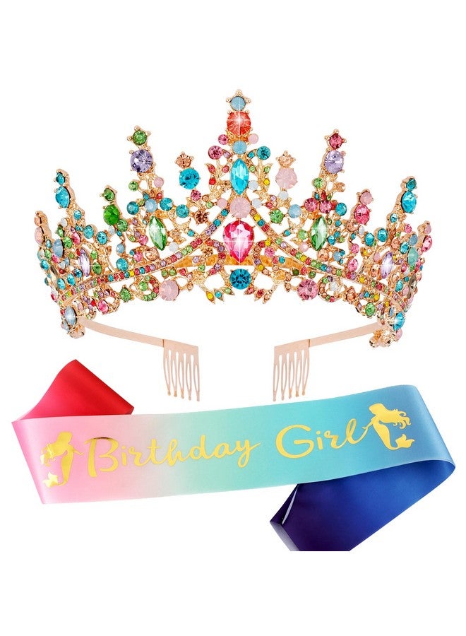 Velscrun Rainbow Color Crystal Birthday Tiara Crowns For Women Girls Elegant Princess Crown With Combs Birthday Girl Headband Sash Happy Birthday Party Decorations Birthday Gift Hair Accessories - Image 1