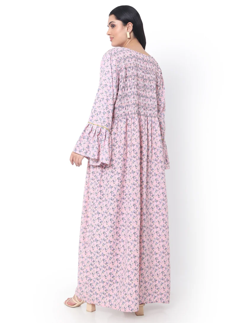 HANA & SARA SMOCKING DESIGN CASUAL LONG VISCOSE STYLISH PRINTED ARABIC KAFTAN JALABIYA DRESS