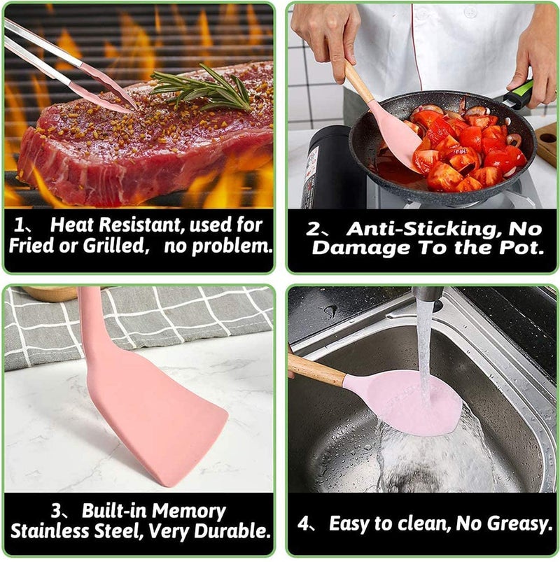 HaRvic HaRvic 12Pcs Silicone Cooking Utensils Set Silicone Kitchen Spatula for Cooking Kitchen Utensil Spatula Set Wooden Handles and Holder BPA Free Gadgets for NonStick Cookware Pink  - Image 5
