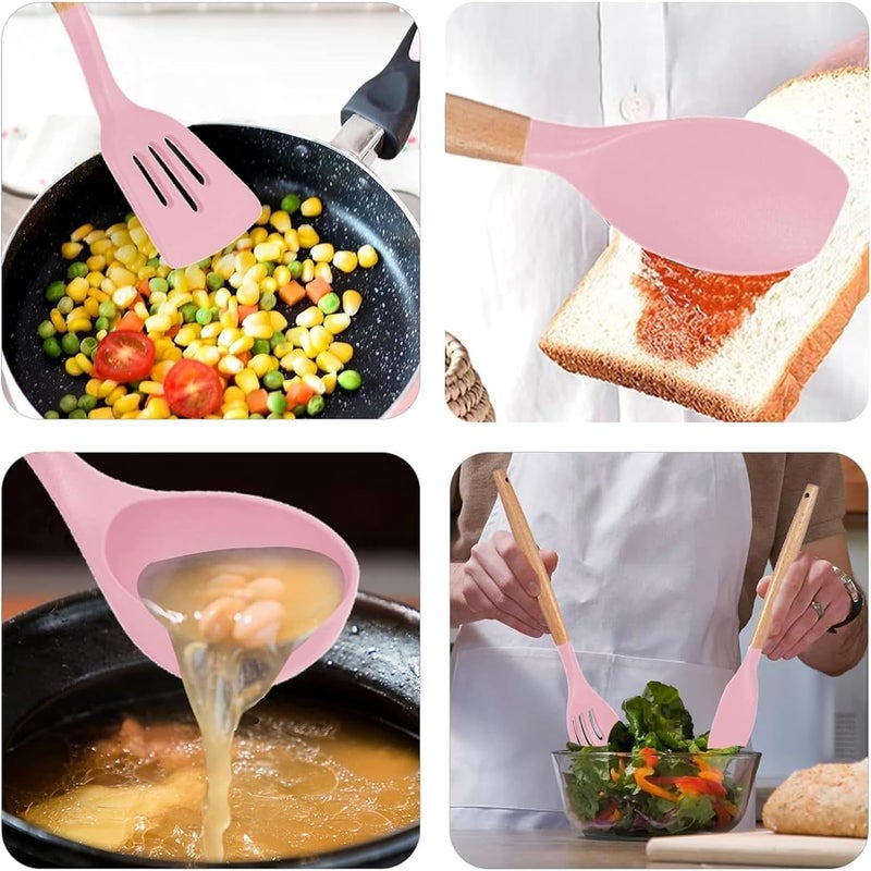 HaRvic HaRvic 12Pcs Silicone Cooking Utensils Set Silicone Kitchen Spatula for Cooking Kitchen Utensil Spatula Set Wooden Handles and Holder BPA Free Gadgets for NonStick Cookware Pink  - Image 3