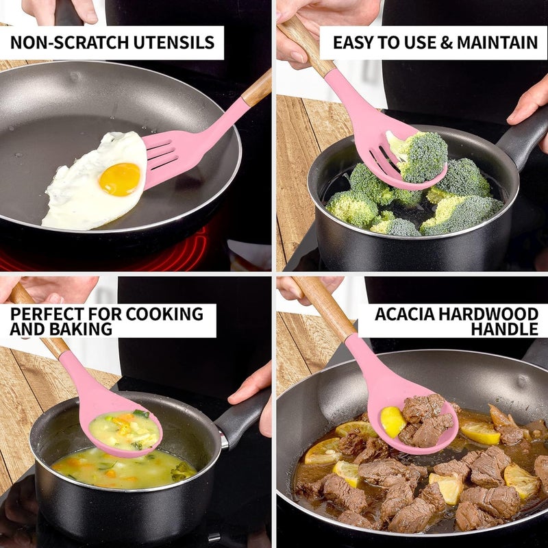 HaRvic HaRvic 12Pcs Silicone Cooking Utensils Set Silicone Kitchen Spatula for Cooking Kitchen Utensil Spatula Set Wooden Handles and Holder BPA Free Gadgets for NonStick Cookware Pink  - Image 4