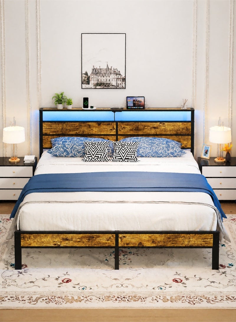 Yanara Queen Size Bed Frame with USB Type-C Charging Station Headboard, Smart LED Lights, Metal Platform Noise Free, No Box Spring Needed, Easy Assembly, 160cm*200cm - Image 1