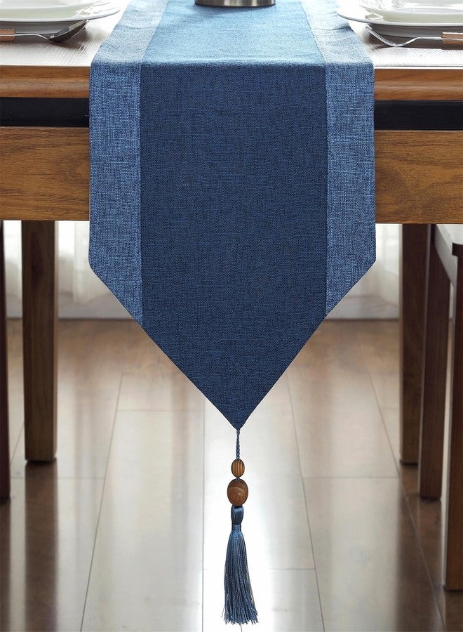 Dimatic Linen Textured Table Runner, Two-Colors Rustic Farmhouse Table Runner with Tassel for Everyday Dining Wedding Party Holiday Home Decor, 13 x 82 Inch, Blue - Image 3