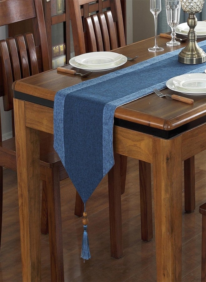 Dimatic Linen Textured Table Runner, Two-Colors Rustic Farmhouse Table Runner with Tassel for Everyday Dining Wedding Party Holiday Home Decor, 13 x 82 Inch, Blue - Image 2