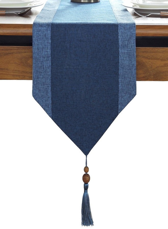 Dimatic Linen Textured Table Runner, Two-Colors Rustic Farmhouse Table Runner with Tassel for Everyday Dining Wedding Party Holiday Home Decor, 13 x 82 Inch, Blue - Image 1
