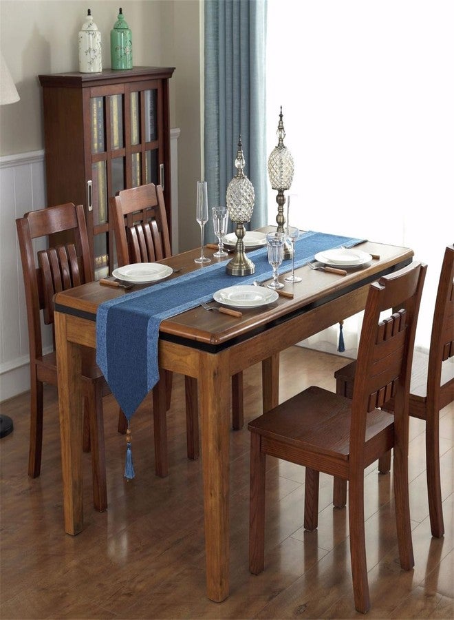 Dimatic Linen Textured Table Runner, Two-Colors Rustic Farmhouse Table Runner with Tassel for Everyday Dining Wedding Party Holiday Home Decor, 13 x 82 Inch, Blue - Image 4