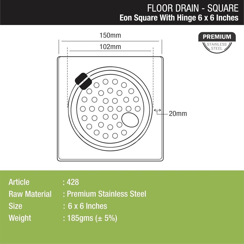 Lipka LIPKA Eon Square Floor Drain Premium Stainless Steel 6 x 6 Inches with Hinge Hole - Image 2