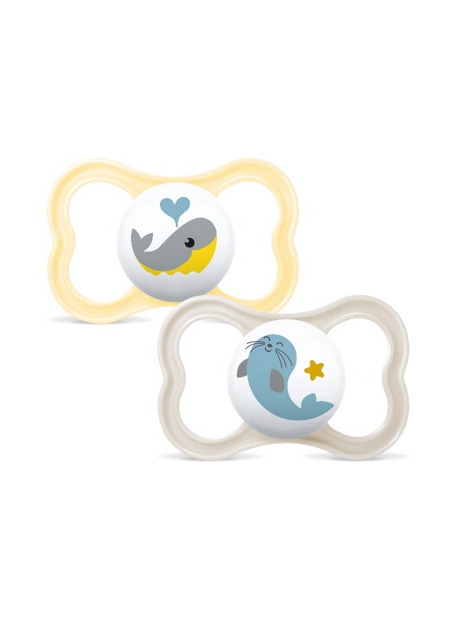 Mam Baby Supreme Silicone Pacifier - 6 M+ | Sealife Yellow & Grey - Pack of 2 - Image 1