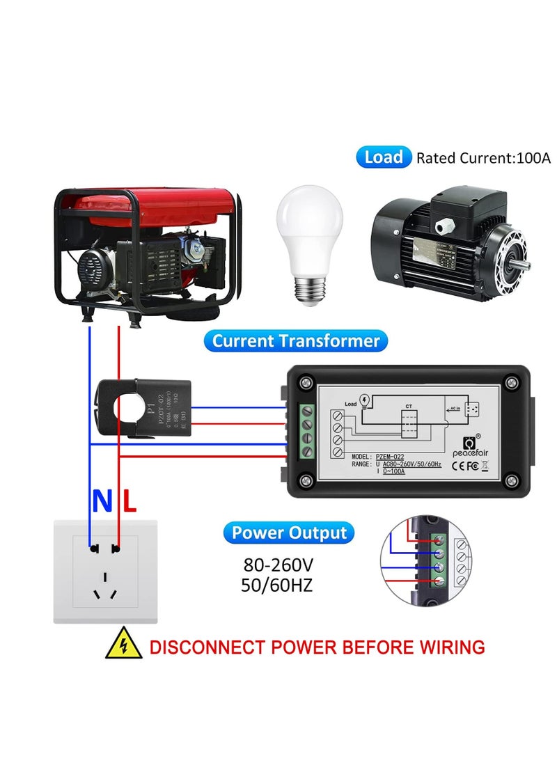 Generic AC Power Meter with Color LCD Display, 100A Current Voltage Energy Monitor, Digital Ammeter Voltmeter with Split Core Transformer, 80-260V  - Image 5