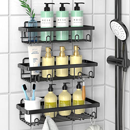 Cusbus Shower Caddy, 3 Pack Organizer, Adhesive No Drilling Traceless Shelves, Rustproof SUS304 Stainless Steel Bathroom Shelf for Inside & Kitchen Storage (Black) - Image 1