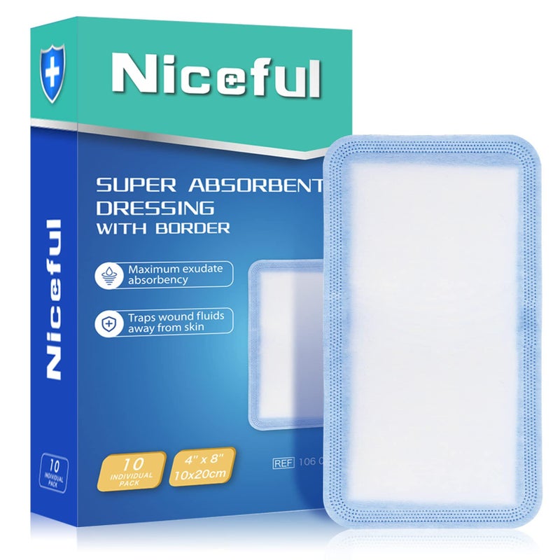 Niceful Super Absorbent Wound Dressing 4" x 8" (10 Pcs) â€“ Non Stick Gauze Pads for Wound Care, Heavy Exudate Large Bandages for Pressure Ulcers, Bedsores, Diabetic Foot Ulcers - Image 1