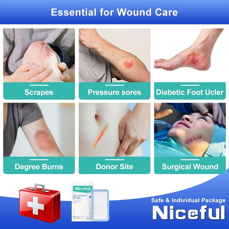 Niceful Super Absorbent Wound Dressing 4" x 8" (10 Pcs) â€“ Non Stick Gauze Pads for Wound Care, Heavy Exudate Large Bandages for Pressure Ulcers, Bedsores, Diabetic Foot Ulcers - Image 5