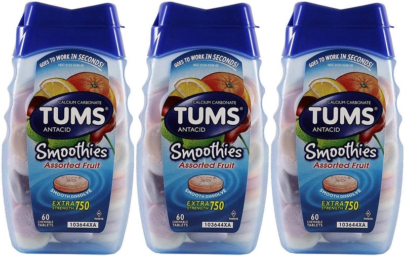 Tums Smoothies Extra Strength 750, Assorted Fruit, 60 Chewable Tablets (Pack of 3) - Image 2