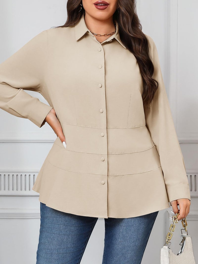 Beautife Women's Plus Size Blouse Dressy Casual Long Sleeve Button Down Shirts V Neck Slimming Peplum Tops Khaki - Image 5