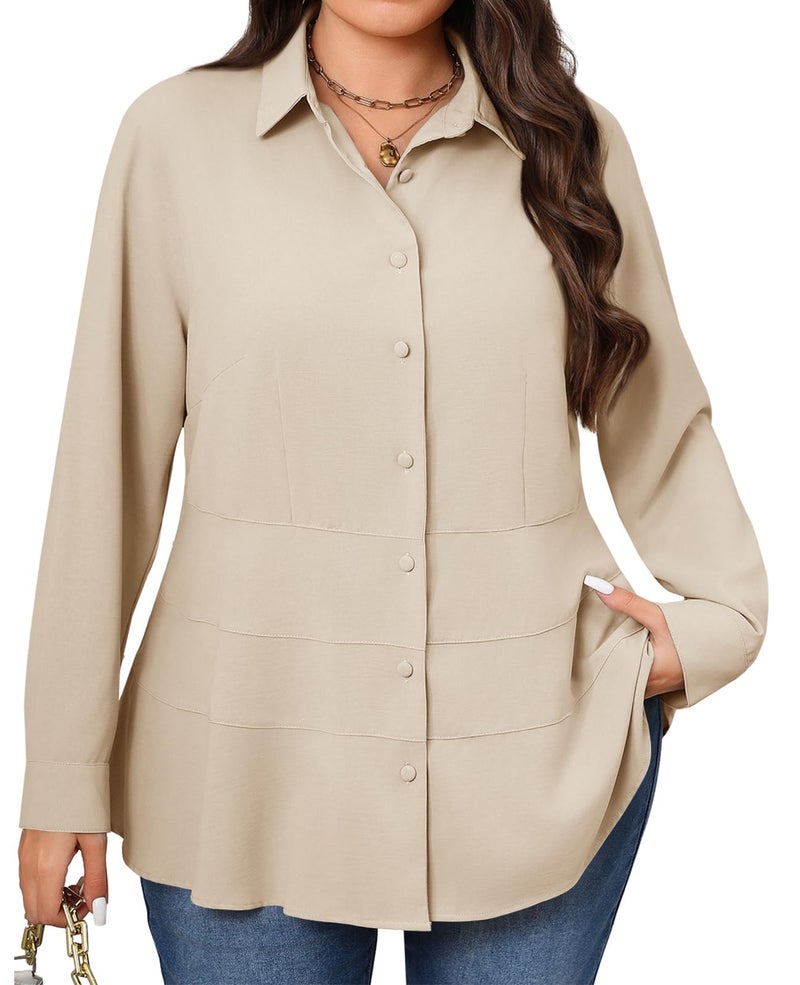 Beautife Women's Plus Size Blouse Dressy Casual Long Sleeve Button Down Shirts V Neck Slimming Peplum Tops Khaki - Image 1