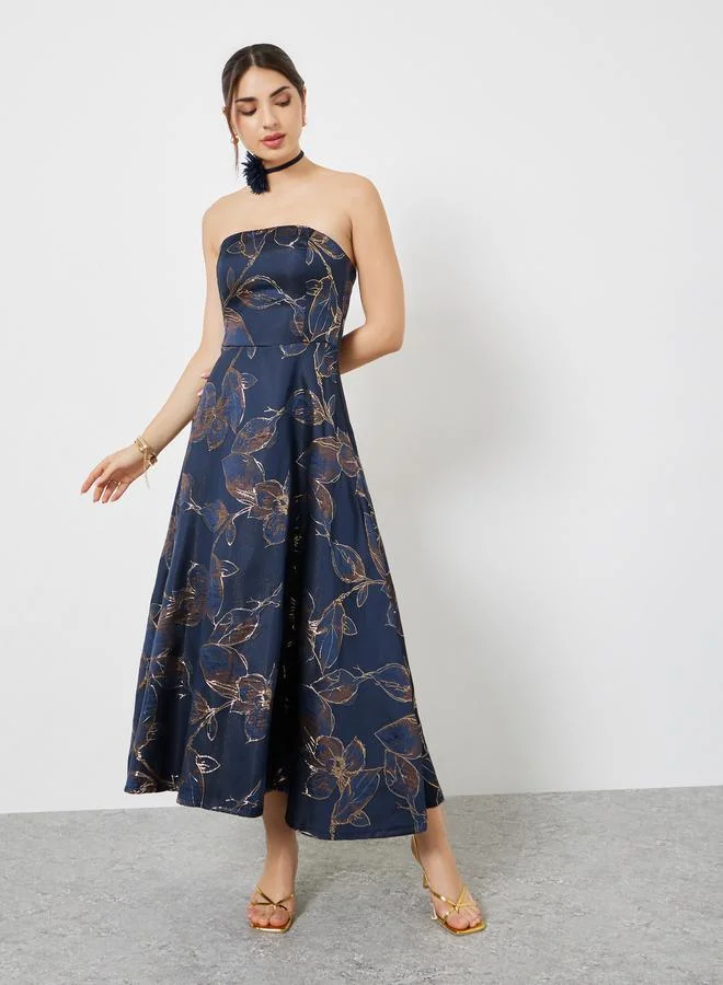 Navy Blue Floral Bandeau Neck A-Line Maxi Dress