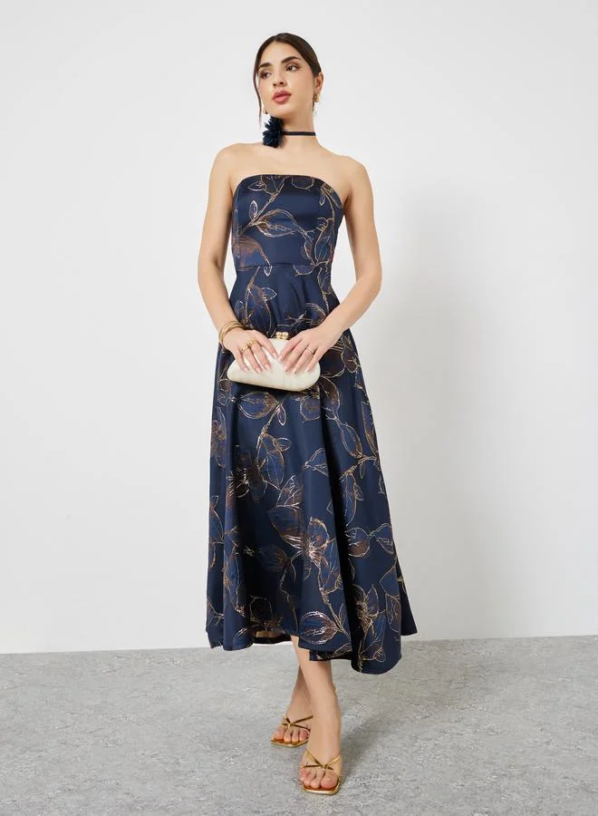 Styli Navy Blue Floral Bandeau Neck A-Line Maxi Dress