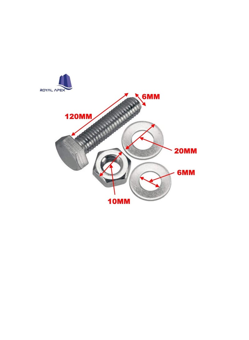 12 pcs Hex Head Screw Bolts Nuts & Washers Fully Thread GI Plain Finish Bolt Set. (6, 120MM) - Image 3