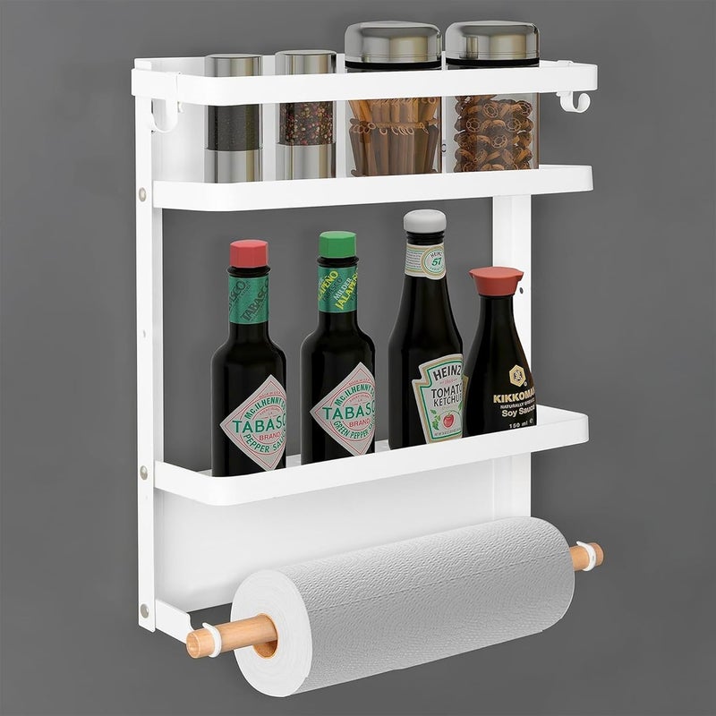 Kuber Industries 2 Tier Iron Fridge Side Rack with Single Wooden TowelTissue Holder Magnetic Kitchen Organizer Shelf for Refrigerator Bathroom White - Image 2