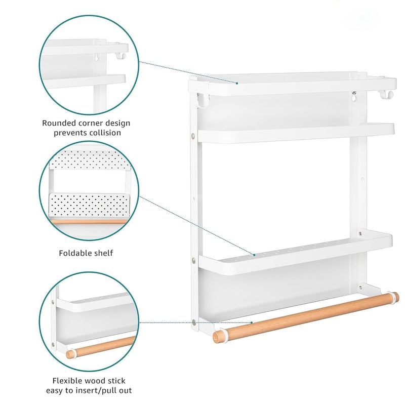 Kuber Industries 2 Tier Iron Fridge Side Rack with Single Wooden TowelTissue Holder Magnetic Kitchen Organizer Shelf for Refrigerator Bathroom White - Image 4