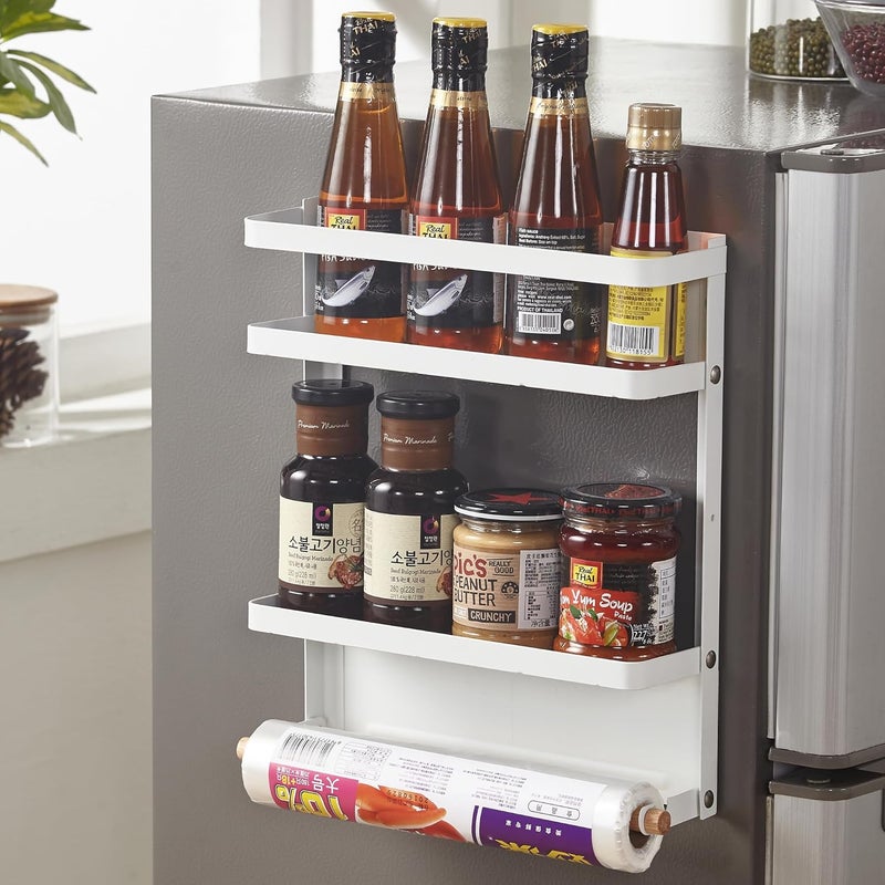 Kuber Industries 2 Tier Iron Fridge Side Rack with Single Wooden TowelTissue Holder Magnetic Kitchen Organizer Shelf for Refrigerator Bathroom White - Image 1