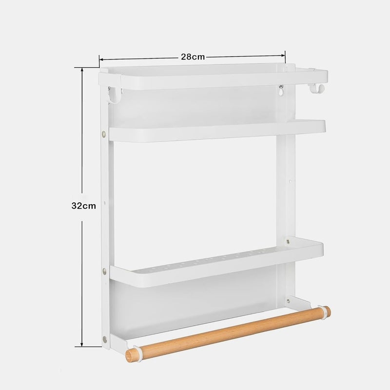 Kuber Industries 2 Tier Iron Fridge Side Rack with Single Wooden TowelTissue Holder Magnetic Kitchen Organizer Shelf for Refrigerator Bathroom White - Image 3