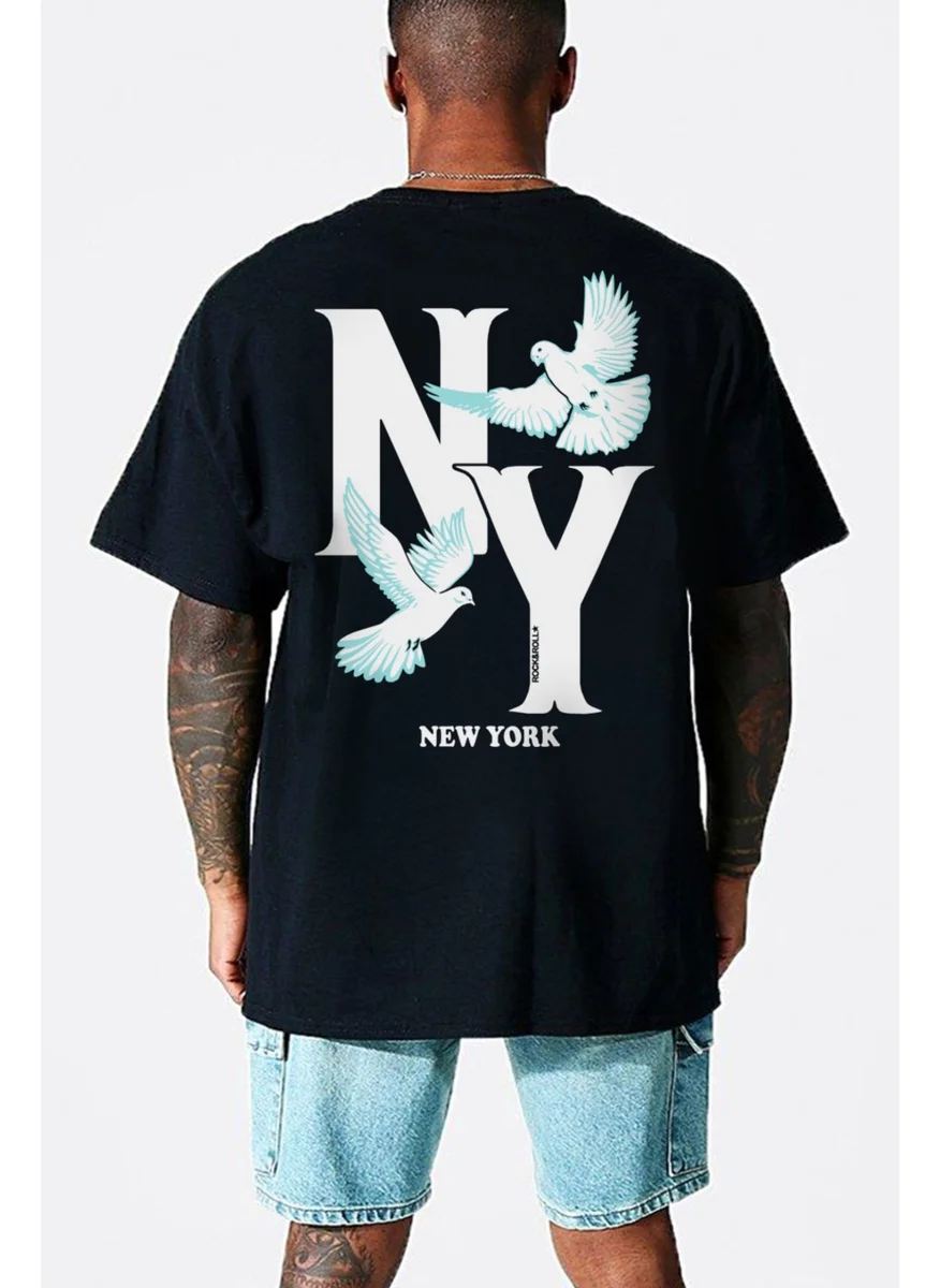 روك اند رول Ny Pigeons Black Oversize Back Printed Short Sleeve Men's T-Shirt